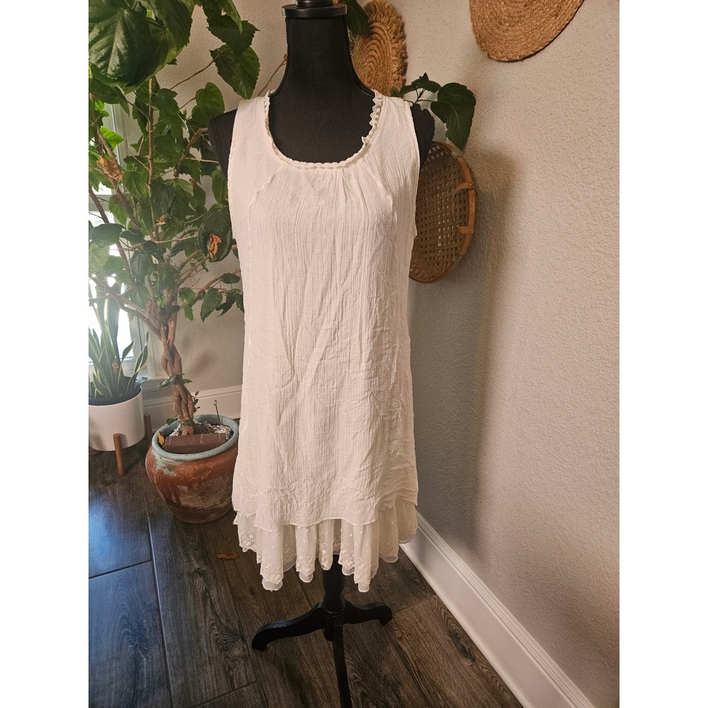 Urban Mango Boho‎ White Crinkle Gauze Lace Trim Layered Shift Dress L Festival